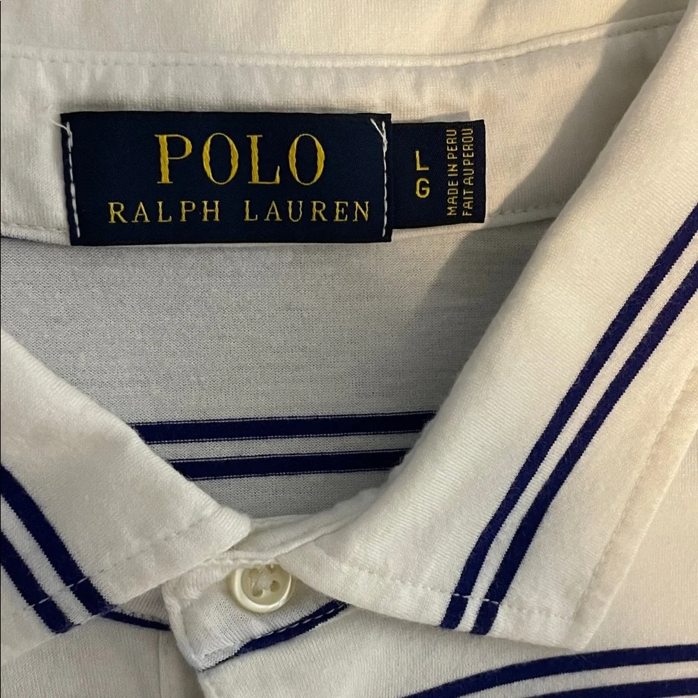 Men's Polo Ralph Lauren Pima Cotton Striped Polo Shirt White Blue Pony Size L